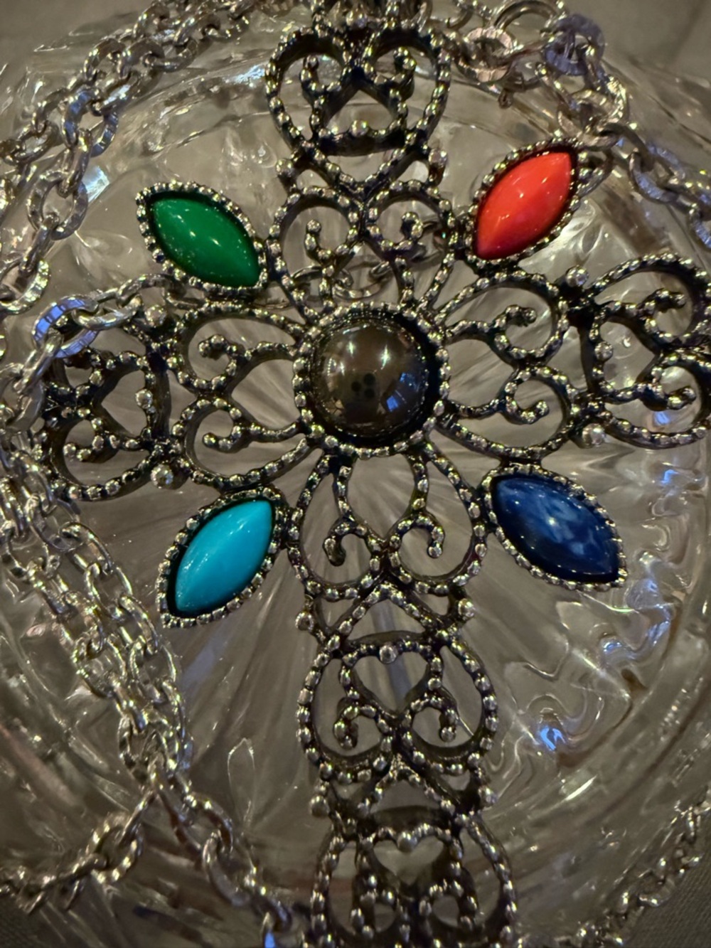 Vintage Avon Cross Necklace Multicolor Stone  Pendant Silver Tone - Picture 5 of 6